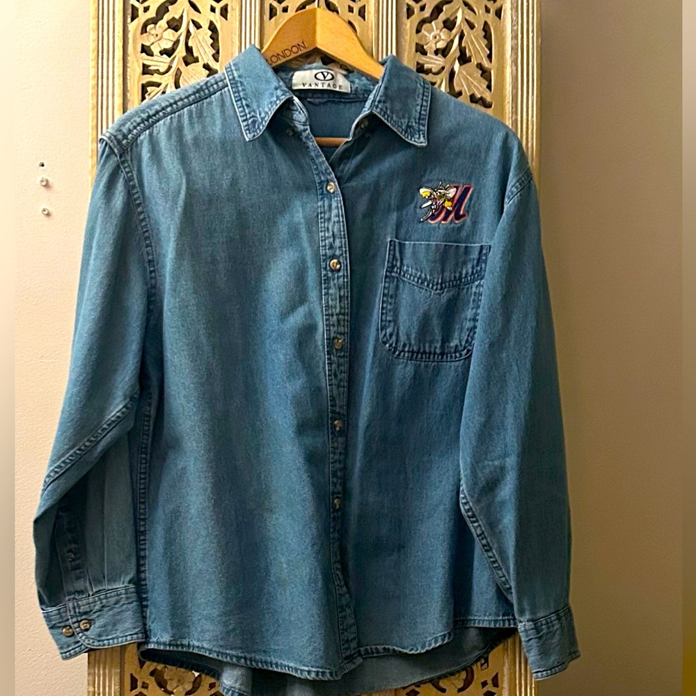 Vintage Denim Chambray Shirt with custom Binghamton Mets sports logo embroidery